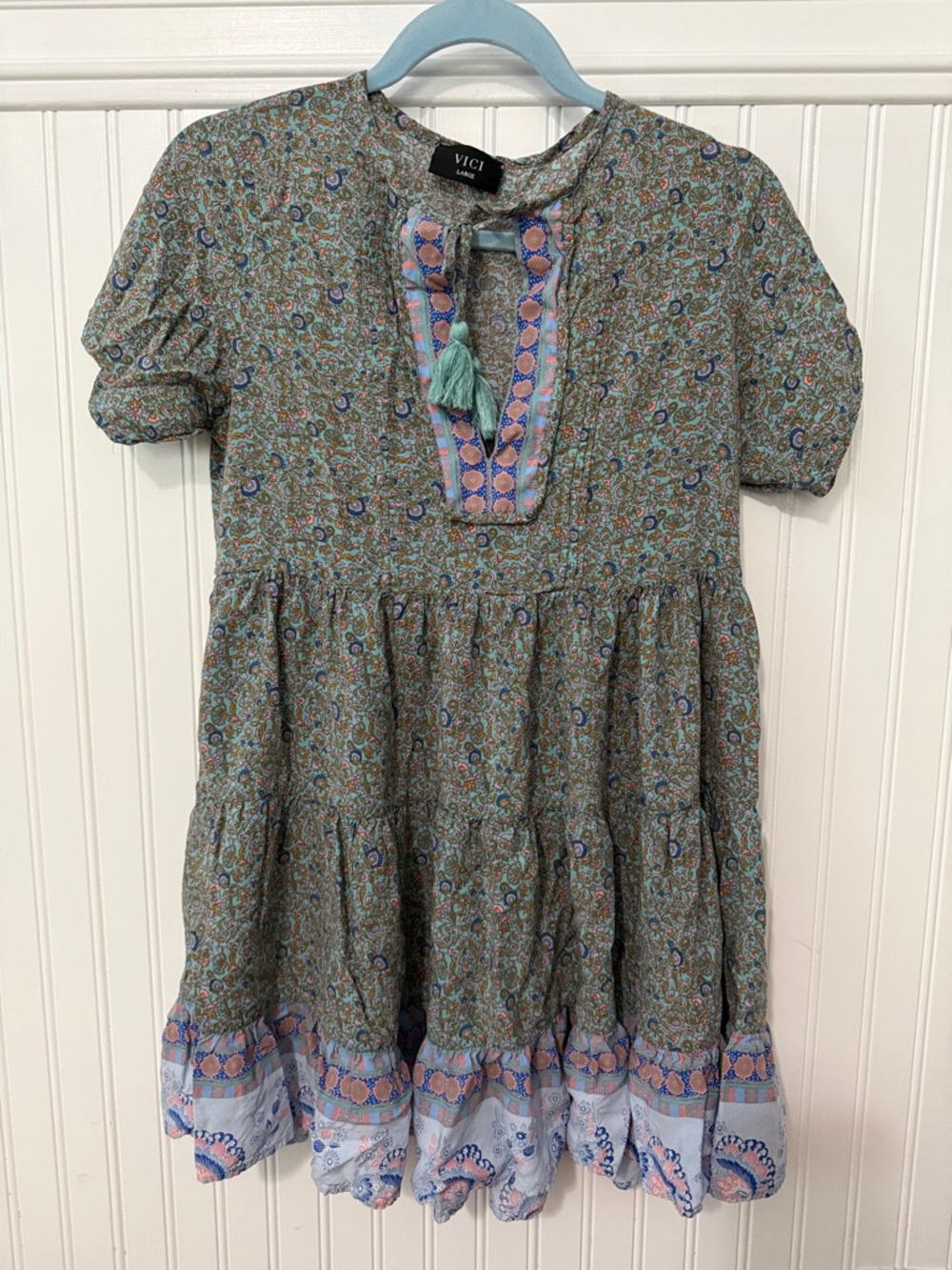 VICI Green & Blue Floral Tassel Tiered Boho Mini Dress